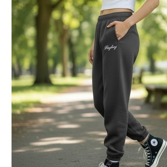 PLAYBOY Pants - PlayboyxPacsun Charcoal Grey Jogger Sweatpants Women's Elastic Waist Cuffed Hem
